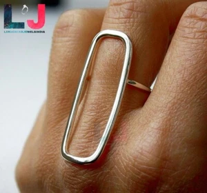 Long Rectangle Ring 925 Sterling Silver Ring Stackable Ring Women Open Mind Ring - Picture 1 of 3