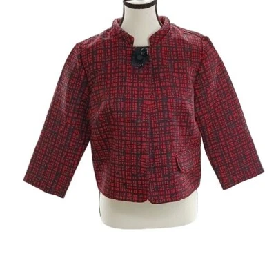 Ruby Rd Womens Size 6 Red Black Cropped Jacket 3/4 Sleeve Textured Blazer - Image 1 of 4