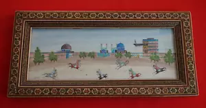 Persian Miniature Painting Wood Inlay Marquetry Frame Vintage Miniatura Persiana - Foto 1 di 10