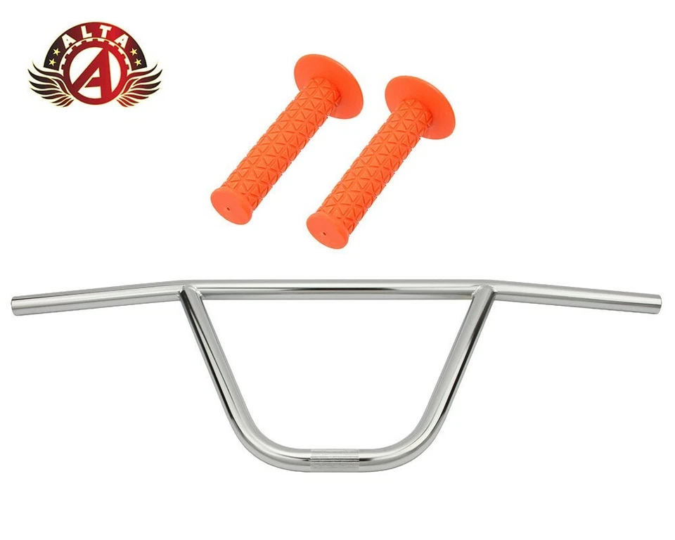 ALTA CW PRO Old School Classic Chrome Handlebar W/ TRIANGLE BMX Style GRIPS. - Image 1 of 1