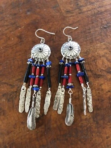 SOUTHWEST CONCHO BLK-RED CORAL~LAPIS LONG FEATHER DROP EARRINGS ~ STERLING - Picture 1 of 6