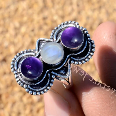 Piedra lunar arco iris genuina y amatista de plata de ley 925 regalo para el día del padre Foto 1 de 4