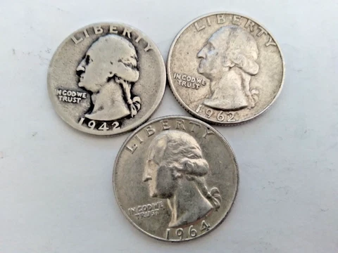 Silver US Washington quarters 1942p-1962d-1964d 90%fine Cover