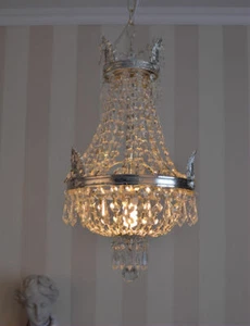 Antique silver chandelier crystal ceiling lamp candelabra lustre basket vintage - Picture 1 of 5