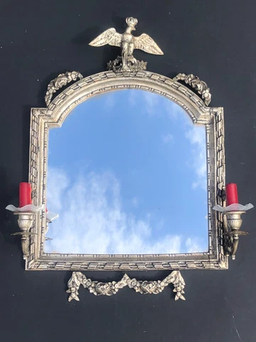 Rare Vintage Silver Tone Metal Wood Antique MIRROR Wall CANDELABRA EAGLE Roses Cover