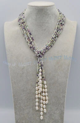 3 Strands 4mm Multicolor Fluorite White Freshwater Rice Pearl Lariat Necklace - Image 1 of 4