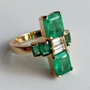 Antique 3.10 Ct Green Emerald Art Deco Vintage Wedding Ring 14K Yellow Gold FN - Picture 1 of 4