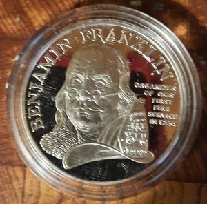 1992 Ben Franklin Firefighters 1 oz Silver Proof Medal with Box & COA - Picture 1 of 7