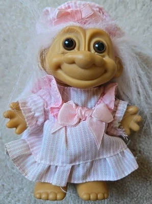 TROLL Pink Ribbon Dress Nightcap '90's Russ Berrie  - Image 1 of 3