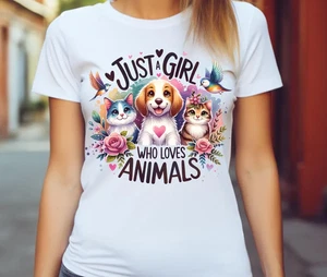 JUST A GIRL WHO LOVES ANIMALS NEUHEIT BEDRUCKTES T-SHIRT GESCHENK GEBURTSTAG - Bild 1 von 1