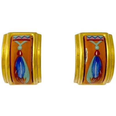 Hermes Enamel Earrings Emaille Gold Orange GP Ladies Jewelry Rare Vintage - Image 1 of 4