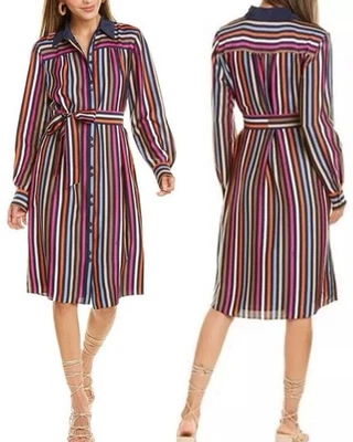 Camisa de vestir Trina Turk Lamarr a rayas con botones y cinturón de seda carrera retro talla 4 Foto 1 de 4