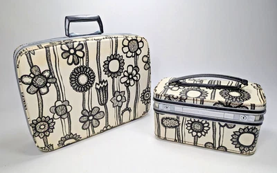 Maleta floral y estuche de maquillaje de tren vintage Samsonite Fashionaire blanco y negro Foto 1 de 4