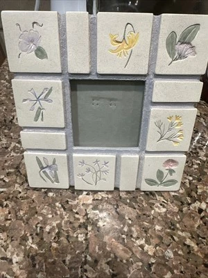Malden Stone Tile Hand Painted Floral Design Square Photo Frame VTG  3”x3” Photo - Image 1 of 4