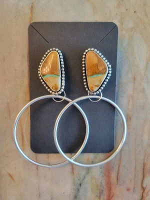 Boulder Ribbon Turquoise Stone and Sterling Silver Hoop Earrings - Image 1 of 3