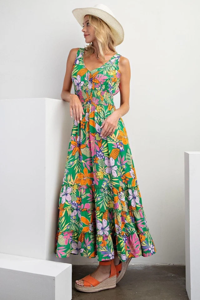 Vestido Caballete Talla S Tropical Floral Sin Mangas Fluido Cuello en V Largo Maxi Verde Foto 1 de 4