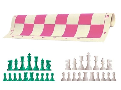 Piezas de ajedrez verde y blanco tablero de vinilo rosa de 20" - juego de ajedrez de triple peso Foto 1 de 4