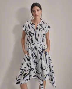 DKNY Women's Dress Sz 14 Printed Tie-Waist Asymmetrical-Hem Linen - Picture 1 of 5