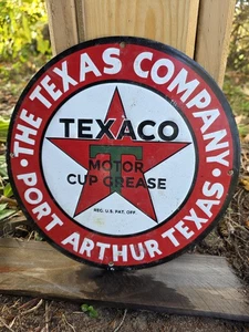 VINTAGE TEXACO PORCELAIN GAS STATION SIGN, PORT ARTHUR TEXAS, MOTOR CUP GREASE. - Picture 1 of 5
