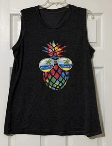 XLG Womens Gray Sleeveles T-Shirt Rainbow Pineapple Beach Palm Trees Sunglasses - Picture 1 of 4