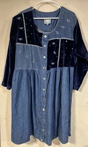 Vestido Monique Fashions Vintage Denim y Terciopelo Mariposa Hasta la Rodilla Talla 3X - Imagen 1 de 5