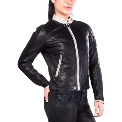 DIESEL L GIN Womens Leather Jacket Long Sleeve Cafe Racer Ladies Biker Zip Coat - Image 1 of 4