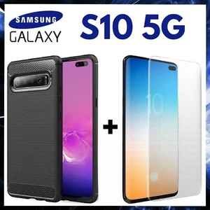 Per SAMSUNG GALAXY S10 5G COVER NERA CARBON ANTIURTO + PELLICOLA VETRO TEMPERATO - Foto 1 di 12