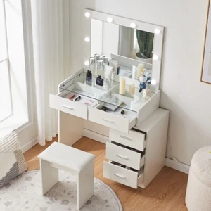 Mirrored Dressing Table with LED Light 5 Draweer Desk Table And Stool Glass TOP - Picture 1 of 20