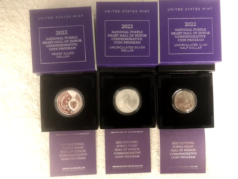 Lot of Three (3) Nat'l Purple Heart Hall of Honor Commem Proof/Unc Dollars/Half Cover