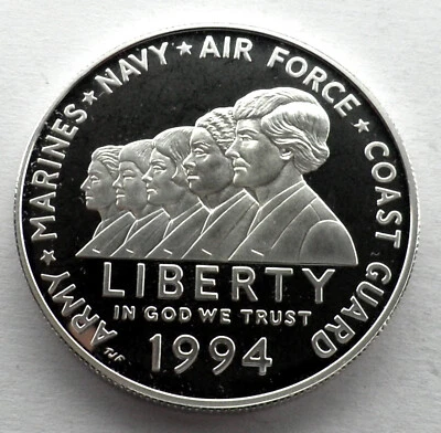 US 1 DOLLAR 1994 P UNC Silver Proof KM#252 Women In Military Service Memorial B6 - Image 1 of 3