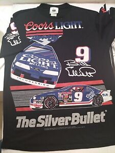 Vtg NASCAR Bill Elliot Racing Shirt AOP All Over Puff Print Size L DeadStock