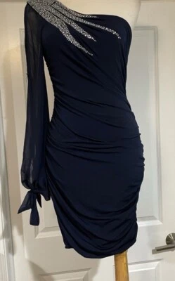 Jodi Kristopher Navy Blue Dress W Crystals  One Sleeve Body-con Women’s 12 - Image 1 of 4