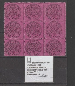 ANTICHI STATI PONTIFICIO 1868 CENT 20 SOLFERINO BLOCCO DI 9 MNH** RIF B116 - Foto 1 di 2