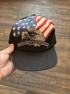 RARE Vintage Harley Davidson American Flag Eagle USA Mesh SnapBack Trucker Hat - Bild 1 von 13