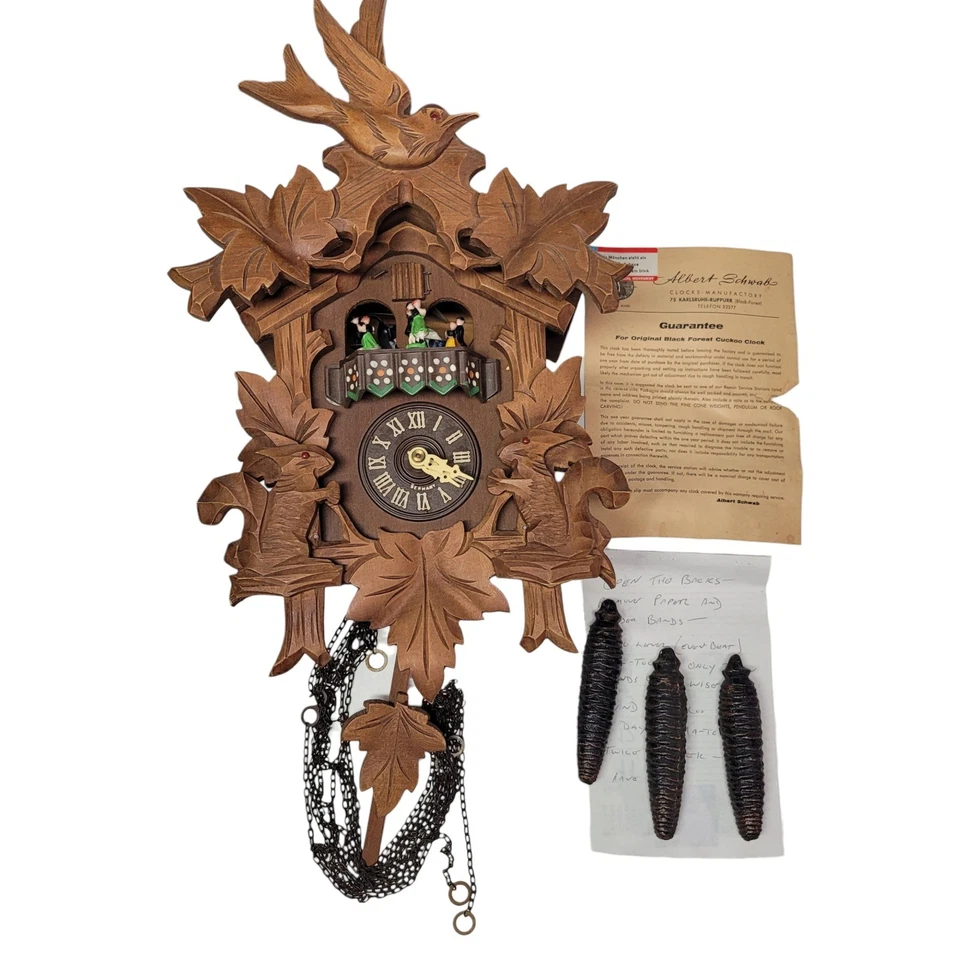 Albert Schwab Black Forest Cuckoo Clock Dancing Couples Squirrel Carving - Image 1 of 4