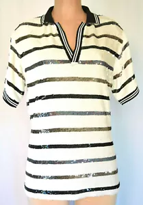 ASCHISCH SCHWARZ & WEISS GESTREIFTE PAILLETTEN KURZE ÄRMEL KRAGEN/V-AUSSCHNITT POLO TOP GRÖSSE - Bild 1 von 8