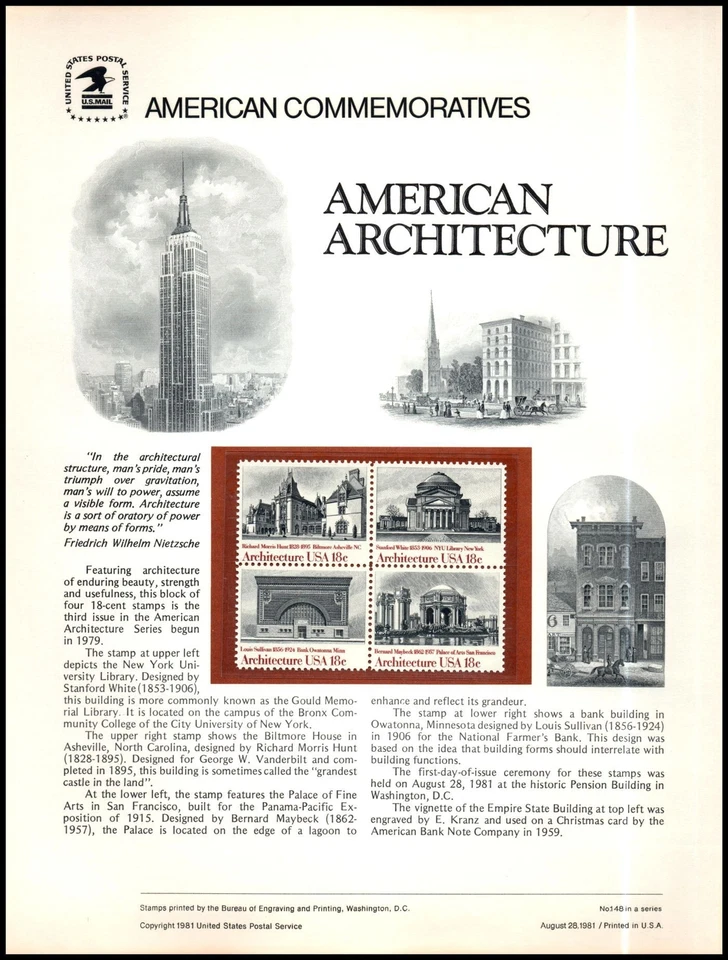 1981 American Architecture Biltmore CP148 commemorative panel 148 MNH Sc 1931a - Image 1 of 1