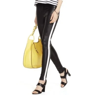 Polo Ralph Lauren Lamb Leather Stretch Black Pants White Tuxedo Stipe Side Zip 2 - Image 1 of 4