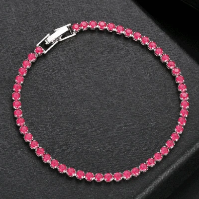 Hot Sale 3MM Slim Design Women Round Cut Red Garnet Gemstone Silver Bracelets - Image 1 of 4