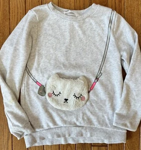 H&M Cat Purse Sweatshirt Girls Size 6-8 Heather Grey Opening Appliqué Purse - Picture 1 of 8