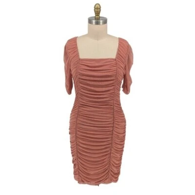 Venus Ruched Mesh Bodycon Dress Pink L party sexy cocktail stretchy short sleeve - Image 1 of 4