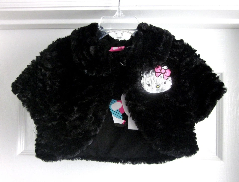 $60 HELLO KITTY Niña Bebé Esponjosa Negra Encogida Chaqueta Lentejuelas Gatito Talla 1-3 NUEVO Foto 1 de 3