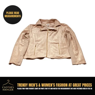 NUEVO CON ETIQUETAS Chaqueta de Moto Calvin Klein Tostada Caqui Imitación Gamuza Para Mujer XL Dorada Cremalleras Broches a presión Foto 1 de 4