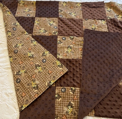 Vintage Patchwork Quilt Table Topper, Four Patch Squares Bears Brown 2 Blankets - Image 1 of 4