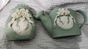 Wedgwood Green Ceramic Teapot and Jar Set with Floral Reliefs - Picture 1 of 5