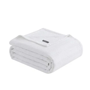 Couverture King blanche 100% coton rayure tissée variée - Photo 1/8