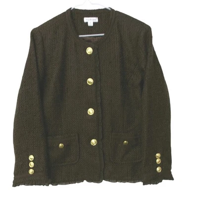 Chaqueta Blazer Joan Rivers Marrón Tweed Sin Cuello Botones Dorados Talla 6 Foto 1 de 3