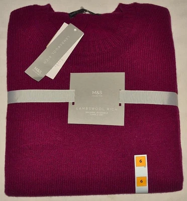 LADIES M&S COLLECTION LAMBSWOOL RICH CREW NECK JUMPER SIZE 6 MAGENTA NEW - Image 1 of 3