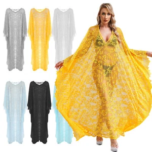 Abito donna negligees accappatoio pizzo copricostume sexy costume da bagno trasparente loungewear lungo - Foto 1 di 75