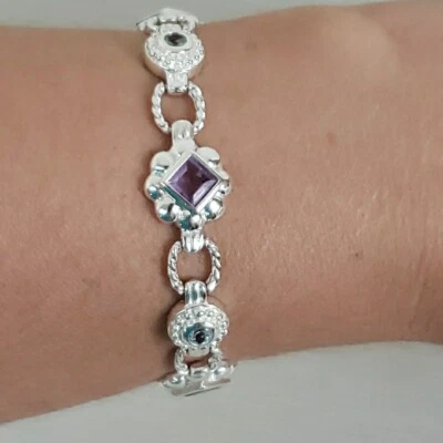 Pulsera Etrusca FAS 925 Plata Multi Piedras Preciosas 7" Textura Cierre Seguridad Foto 1 de 4